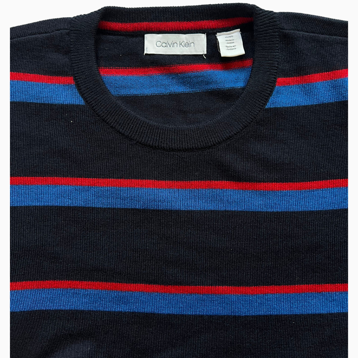 Pull en laine Calvin Klein bleu rayé pour hommes - taille XL (fits L)