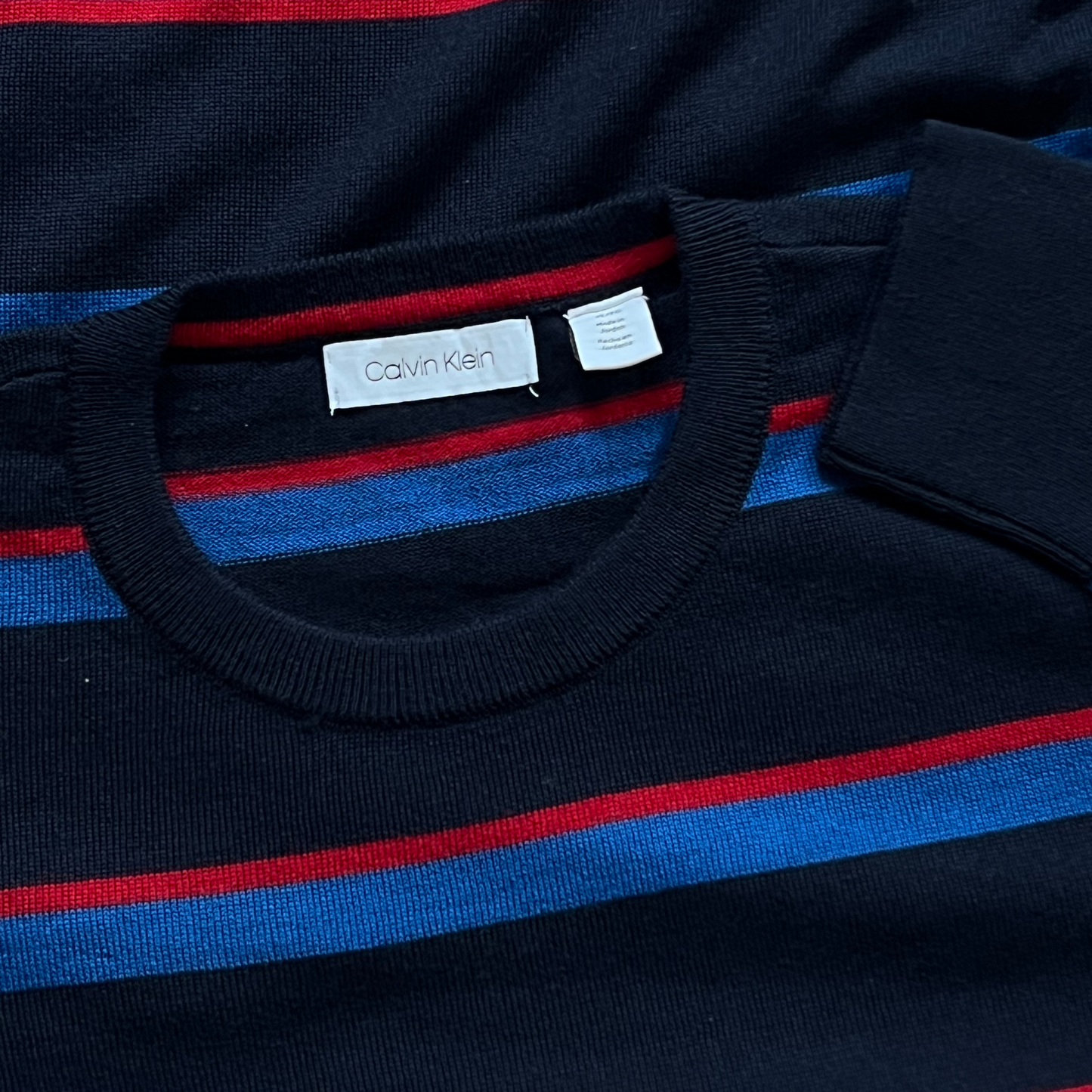 Pull en laine Calvin Klein bleu rayé pour hommes - taille XL (fits L)