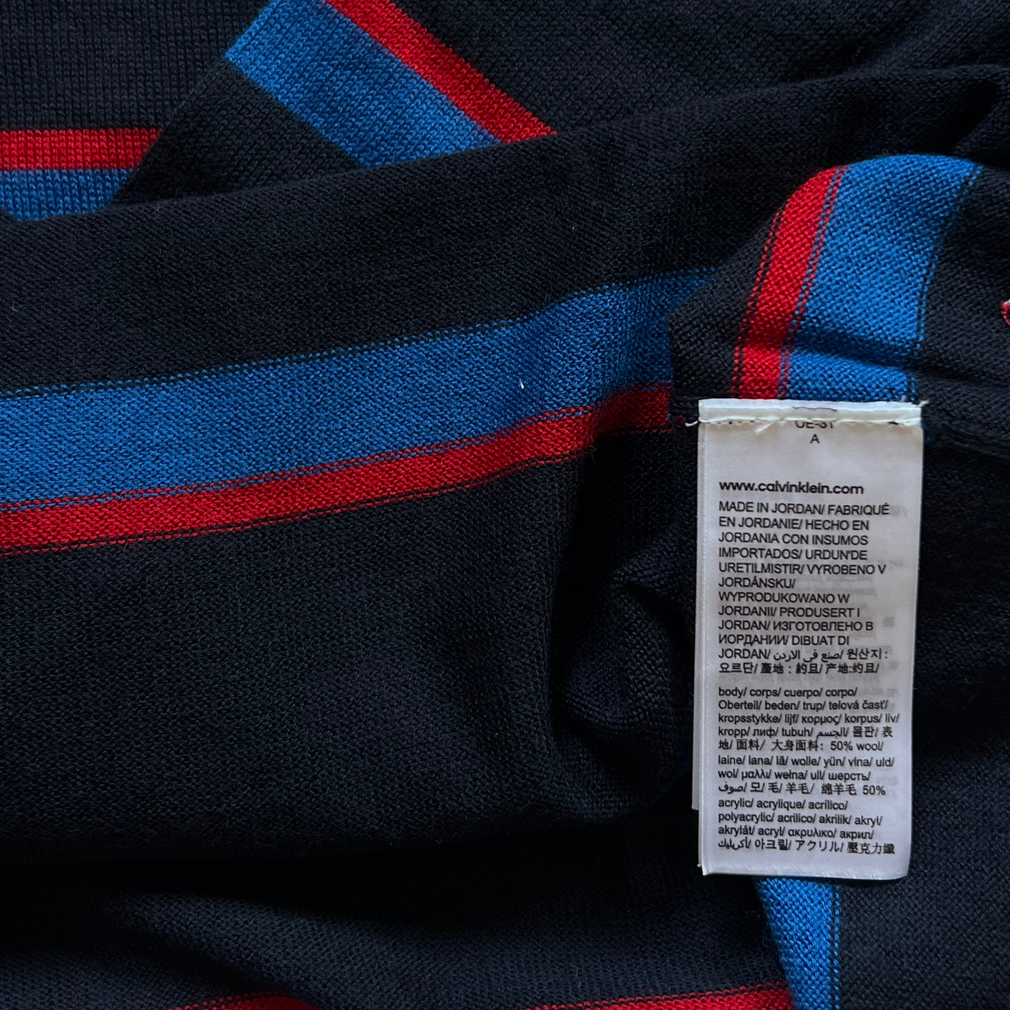 Pull en laine Calvin Klein bleu rayé pour hommes - taille XL (fits L)