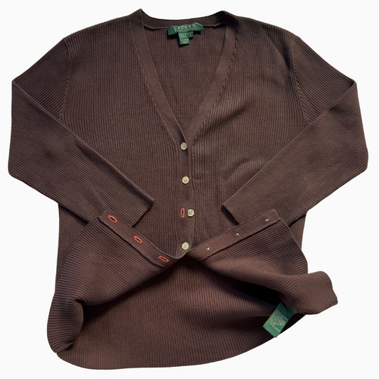 Rare & Vintage - Pull boutonnée Ralph Lauren marron Made in Hong-Kong pour femmes - taille S