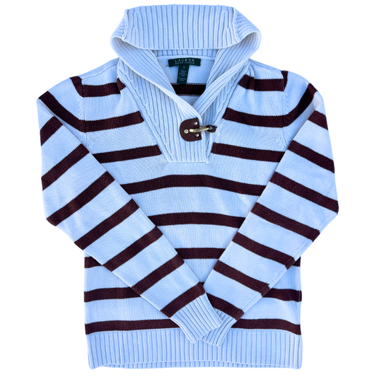 Pull Ralph Lauren blanc rayé marron col chale pour femmes - Taille S