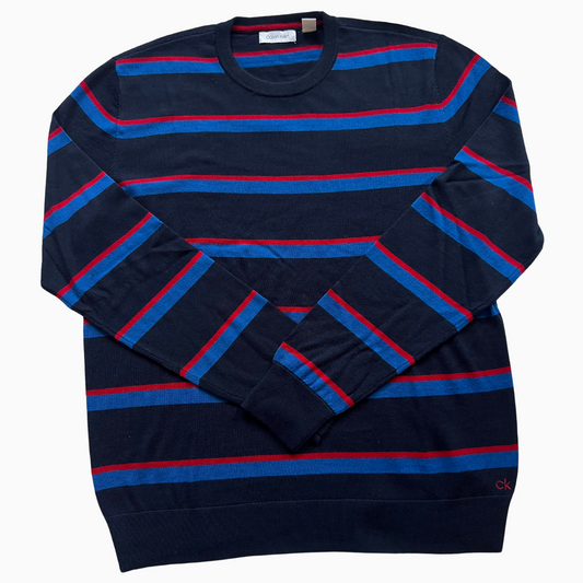 Pull en laine Calvin Klein bleu rayé pour hommes - taille XL (fits L)