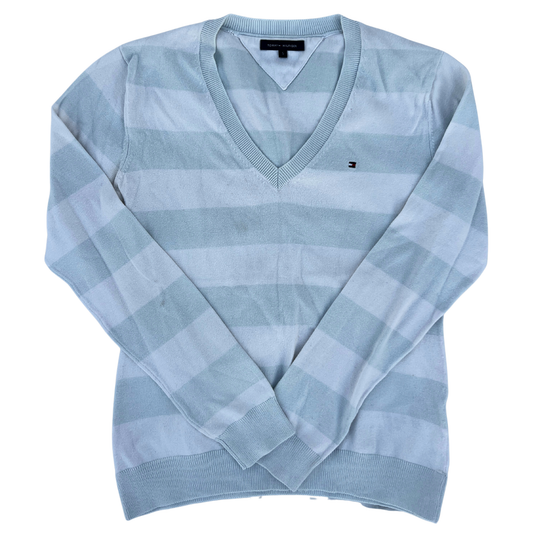 Pull Tommy Hilfiger col V blanc rayé pour femmes – Taille S