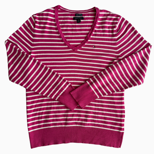 Pull rayé Tommy Hilfiger en cotton col V pour femmes - taille L