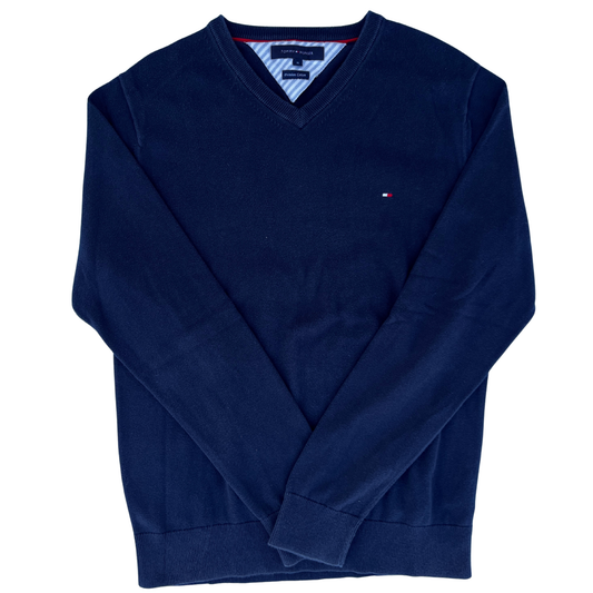 Pull Tommy Hilfiger col V bleu foncé pour hommes - taille M